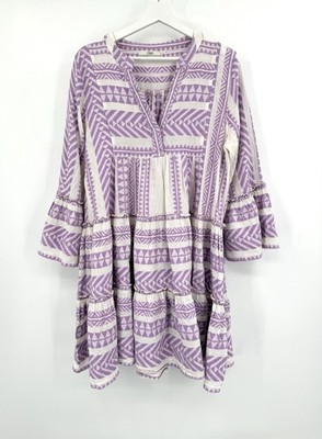 Devotion Twins Embroidered Ella Tunic Dress 100% Cotton Lilac Sz M Boho Island