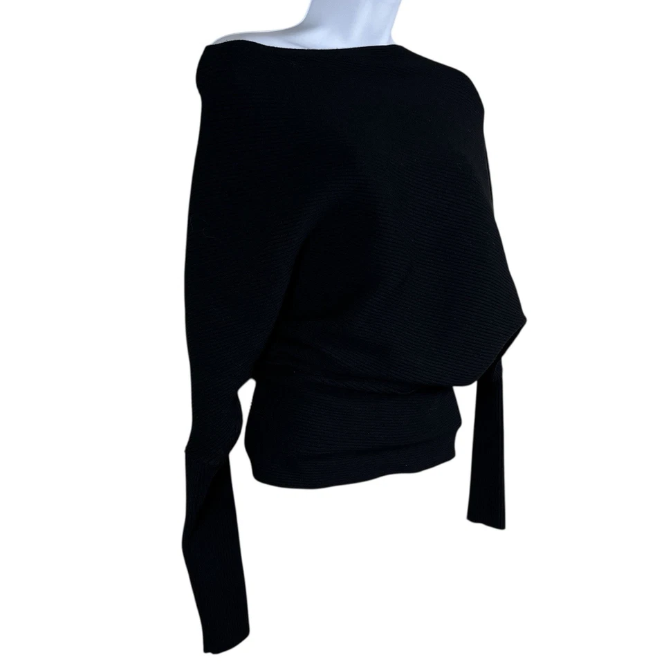 Reiss Lorna ассиметричный верхний размер L черный с плеча ребристый вязаный драпированный джемпер - Изображение 2 из 4