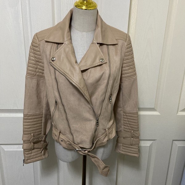 NWT IVORY & CHAIN Faux Suede & Leather Biker Jacket In Nude ~ Size 10 Belted