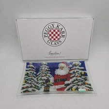 Peggy Karr Fused Glass Santa & Snow Covered Christmas Trees Tray Plate w/ Box