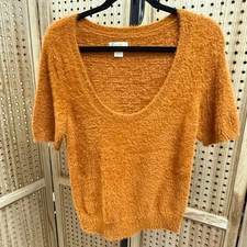 Maeve Anthropologie Fuzzy Knit Top Short Sleeve Orange Women's Small