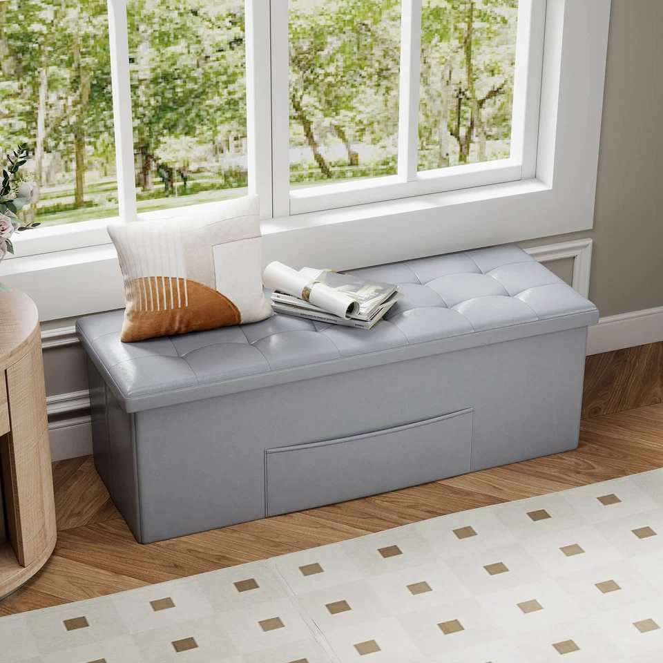 43 Inches Folding Storage Ottoman Bench with Side Pocket Storage Chest - Image 3 of 4