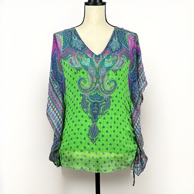 Hale Bob Womens Green Silk Chiffon Layered Tunic Tank Flutter Sleeves Resort M