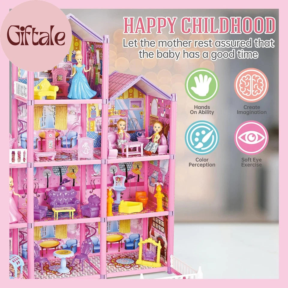 Casa de muñecas para niñas, casa de muñecas de 4 pisos con 10 habitaciones, 2 muñecas, muebles y aire acondicionado Foto 3 de 4