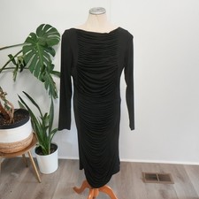 Elie Tahari Dress Womens 12 Black Ruched Front Long Sleeve Midi Bodycon Cocktail