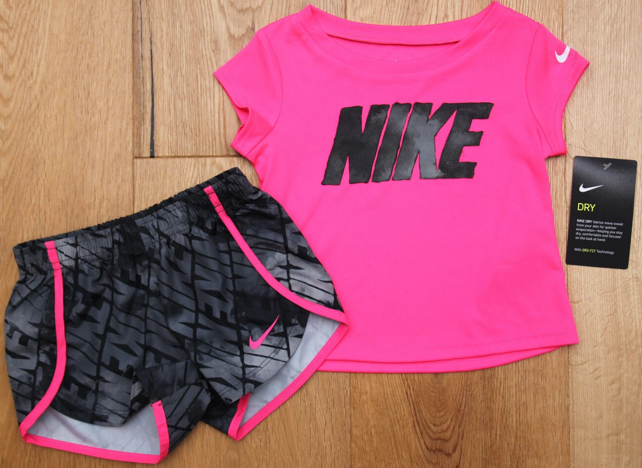 Nike Baby Girl Shirt & Shorts Set ~ Neon Pink, Gray & Black ~ DRI-FIT ~