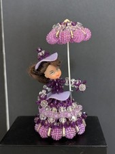Vtg MCM Safety Pin Doll With Umbrella Beaded Art Purple  White beads