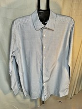 David Donahue Dress Shirt Mens 17.5 34/35 Blue Green White Plaid Trim Fit Cotton