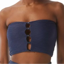 Carmen Marc Valvo Womens Maritime Blue Textured Bandeau Bikini Crop Top SZ M