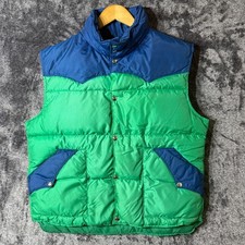 Vintage 70s Comfy Puffer Vest Medium Goose Down Green/Blue Colorblock Western