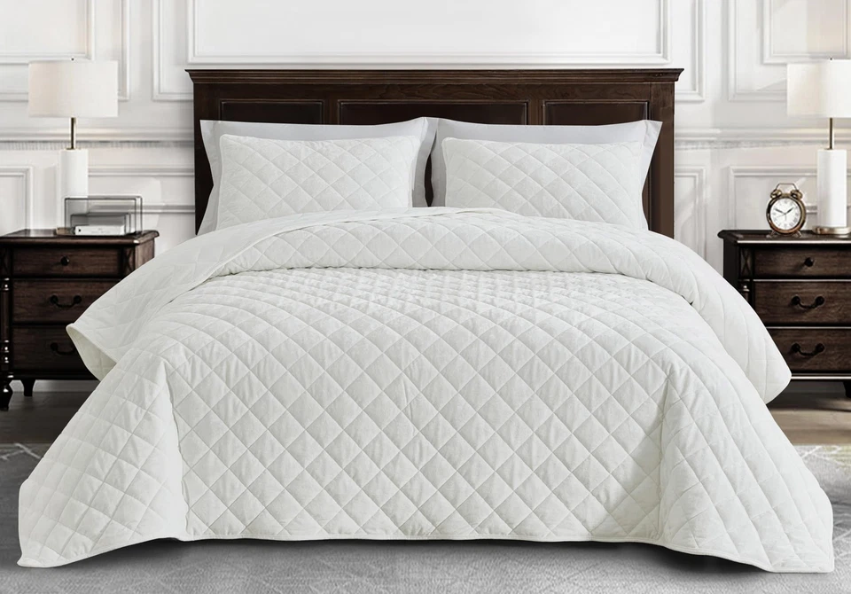 Lux Cream White Velvet Quilt Oversized King Set, 3-Piece Plush Distressed Vel... - Image 2 of 4