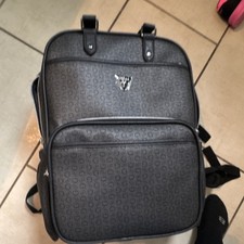 GUESS Logo Pattern Faux Leather Backpack Black Gray Adjustable Straps Zip