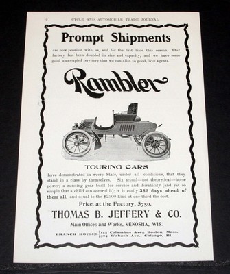 1903 OLD MAGAZINE PRINT AD, THOMAS B. JEFFERY, RAMBLER TOURING CARS-6 ACTUAL HP!