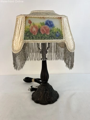 Vtg Tiffany Reverse Paint Roses Table Lamp Beaded Fringe Victorian Style 16.5"