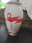Vintage Anchor Hocking Vitrock Milk Glass Vase Featuring A Red Flamingo Motif 9"