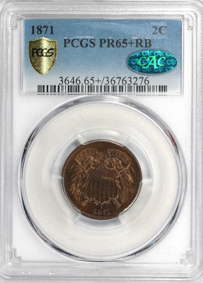 1871 2c Proof Two Cent Piece PCGS and CAC PR 65+RB - Image 3 of 4