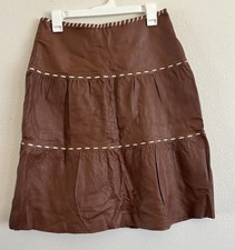Spiegel Women's 6 Brown Leather Tiered A-Line Skirt Cream Whipstitch