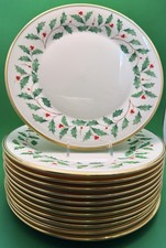 SET of 12 Lenox Holiday Dimension 10-5/8 Dinner Plates - 24K Gold Trim USA