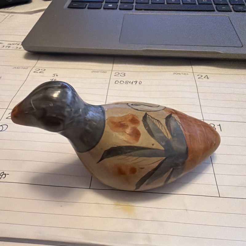 Vintage Duck Figurine Folk Art Tonala Mexican Pottery Blue/Tan Snail Design Bird