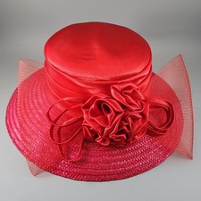 Red Wide Brim Formal Hat with Satin Crown Floral Ribbon Mesh Wedding, Church
