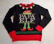 PAPA ELF Sweater Decorative Design With Bells On Black Acrylic Small/Medium