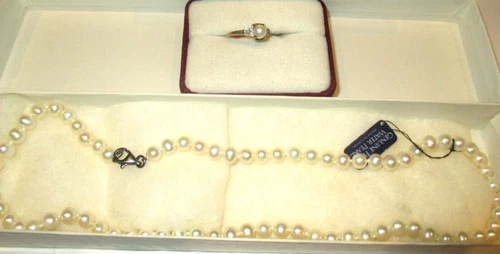 10K Yellow Gold Genuine Freshwater 5mm Pearl Sz 5.5 Ring/ 17" Necklace Sterling