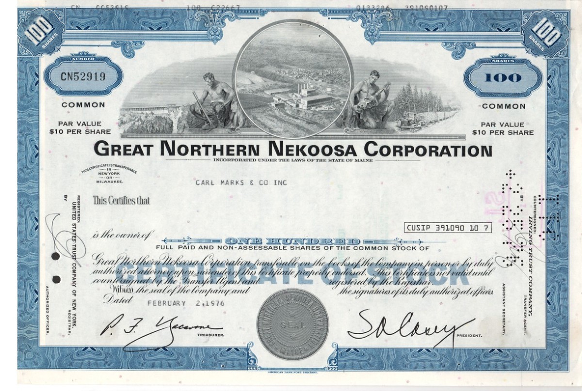 Great Northern Nekoosa Corp - Original Stock Certificate Great Northern Nekoosa Corp - Original Stock Certificate