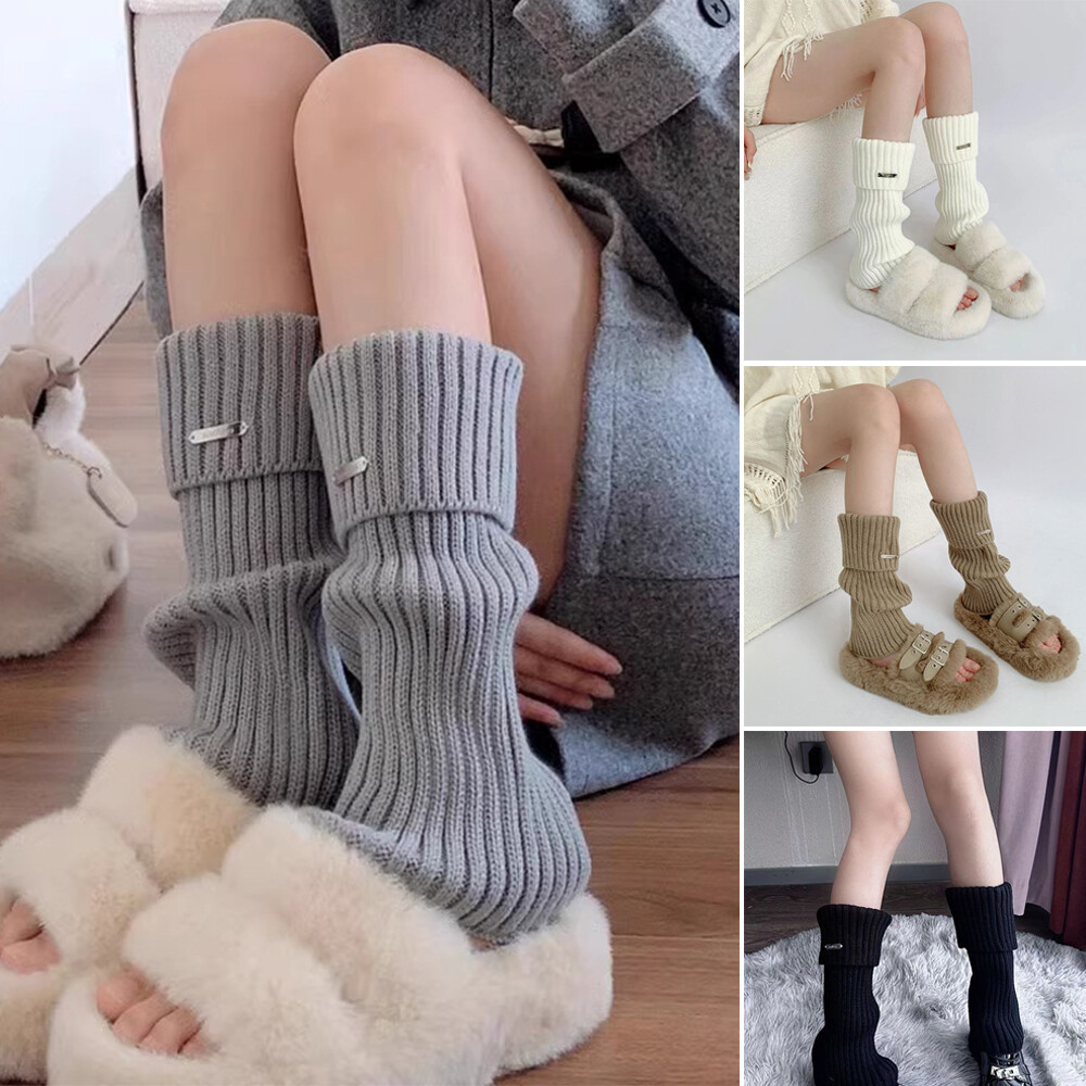 Women Acrylic Knit Ribbed Leg Warmers Solid Knee High Winter Boot Wool Sock Long