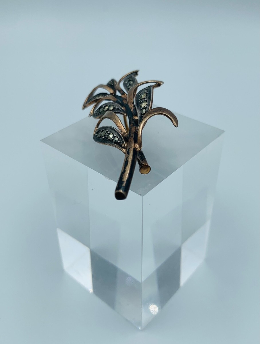 Broche Ancienne Style Feuille - Argent 925 Plaqué Or Et Perle Marcassite - 40x40mm - Occasion