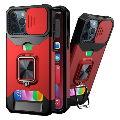 For iPhone 13 14 Pro Max 8 7 6 Shockproof Camera Lens Slide Ring Kickstand Case