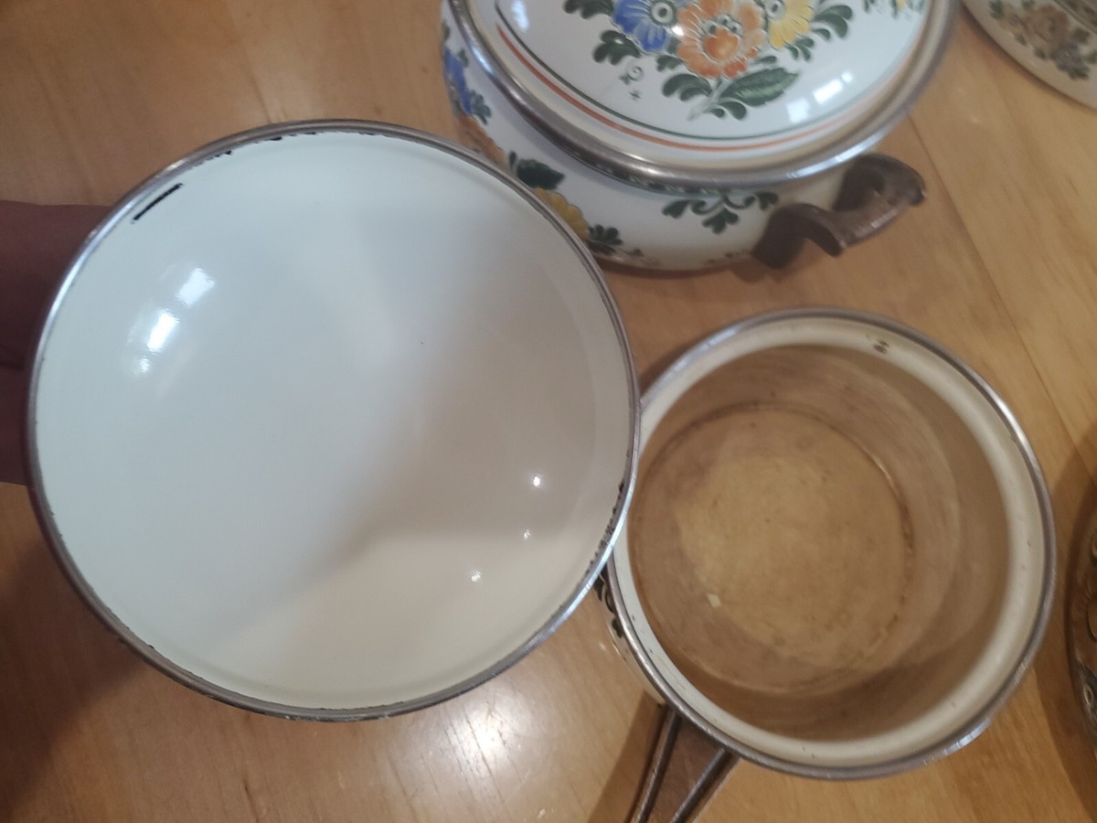 Set of USED Vintage German ASTA Enamel Cookware Floral Pattern 7