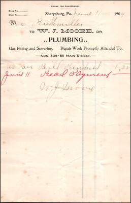 1904 Sharpsburg PA Billhead W. J. Moore Plumbing Gas Sewer 809-811 Main Street