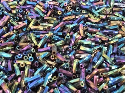 Glass Twisted Bugle Bead, Iris, Rainbow, 6x2mm, Hole 0.5mm, 25 grams. - Picture 2 of 3