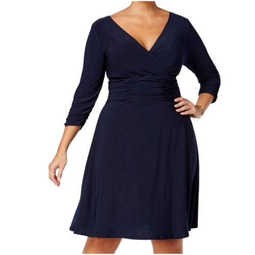 NY Collection Women's Plus Size V-Neck 3/4 Sleeve A-Line Dress Blue Size 1X