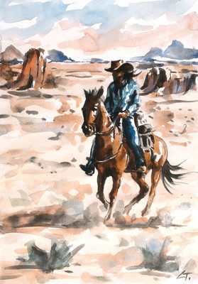 ORIGINAL signiertes handgefertigtes Aquarell. Cowboy Reitpferd in der Wüste