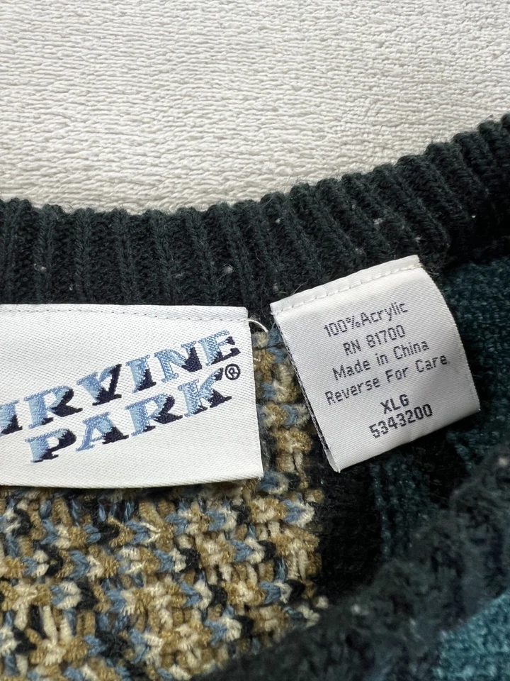 Suéter vintage anos 90 estilo Coogi multicolorido azul Irvine Park tamanho XL textura cosby - Imagem 3 de 4