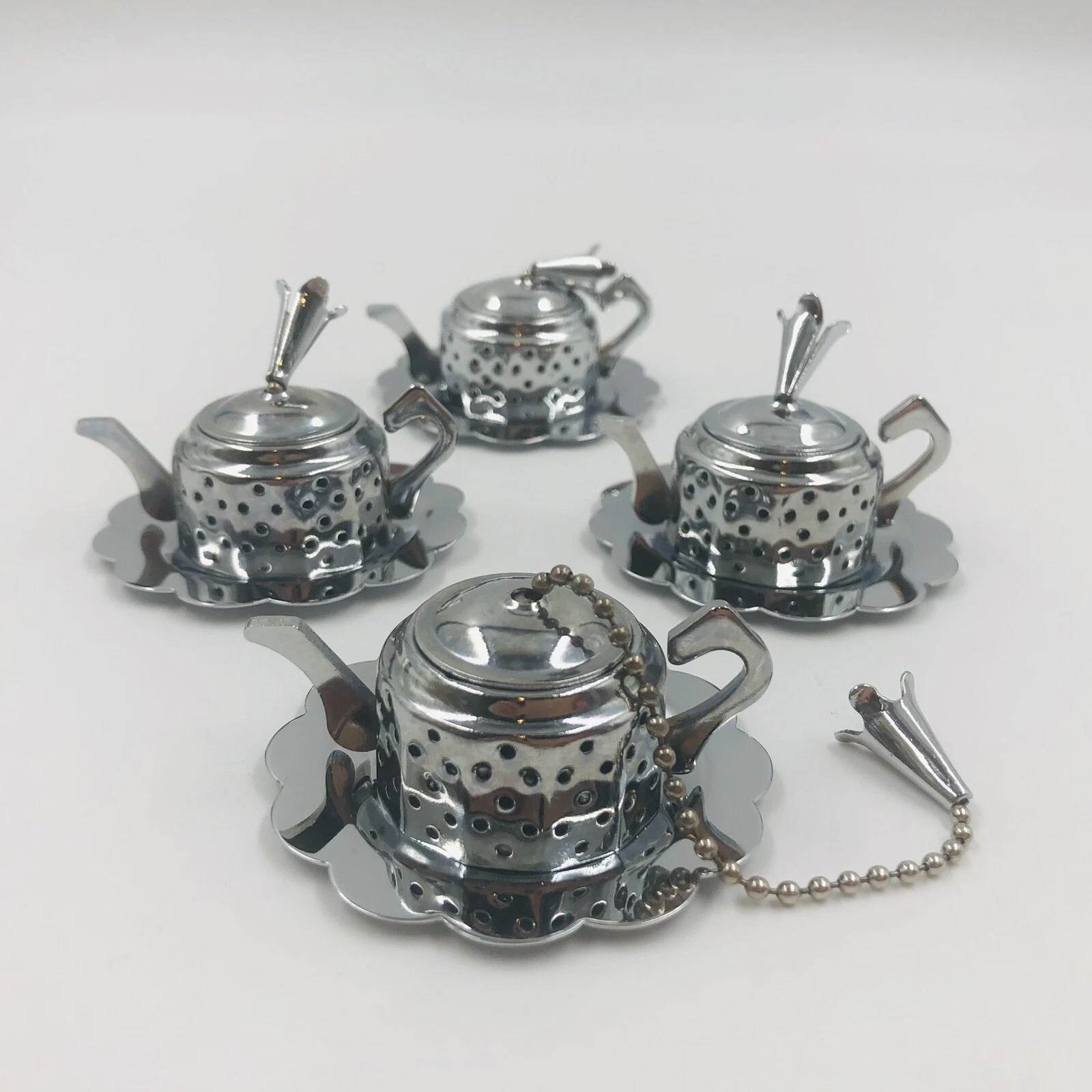 Tea Pot Teapot Shape Stainless Steel Tea Infuser Strainer With Tray Set Of 4