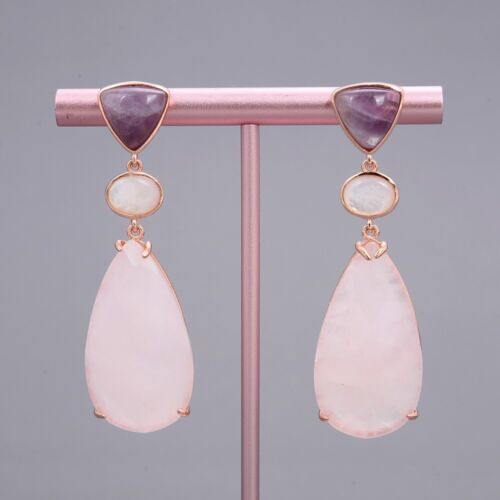 Natural Purple Amethyst Teardrop Rose Quartz White Shell Drop Earrings For Women - Picture 1 of 6