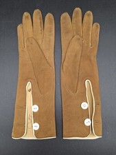 VTG Kid Leather Brown Gloves Sz 7 LJA Supple 10.5" 2 Button Unlined Ivory Piping