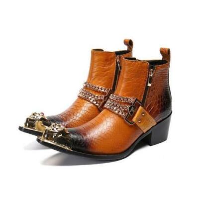 Men's Metal Pointed Toe Leather Ankle Boots Zip Chain Dress Shoes Retro Formal