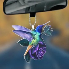 Hummingbirds On Purple Roses Car Rear View Mirror Ornament Hanging Charm Pendant