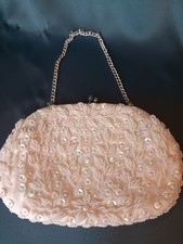 Vintage Ivory Beaded Sequin Purse Silver Kiss Lock Hand Made Hong Kong Small 5x7