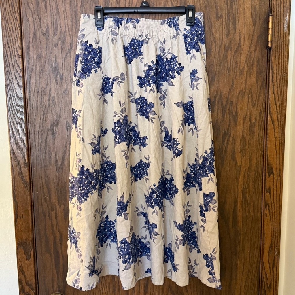 Coldwater Creek Linen Blend Blue Floral A-Line Skirt
