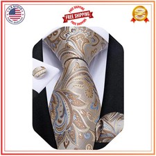 DiBanGu Mens Silk Tie Set Solid Paisley Necktie Pocket Square Cufflinks Formal