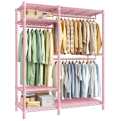 Portable Closet Heavy Duty 780LBS Freestanding 3 Rods 6 Shelves Adjustable Pink