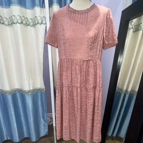 Pink Velour Tiered Ruffle Round Neck Short Sleeve A-Line Midi Dress L Regular