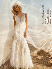 Allure Bridals C457 Wedding Dress Size 12 Beaded Lace Feather Mermaid Ivory