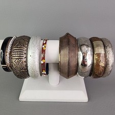 Vintage Bangle Bracelet Lot of 9 India Enamel Brass Rhinestone Hinged Wood