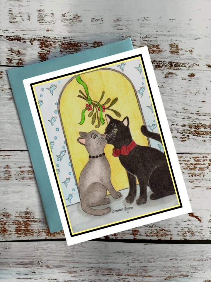 Cute cats kissing under the mistletoe, Christmas holiday, notecard #274 - Image 2 of 2