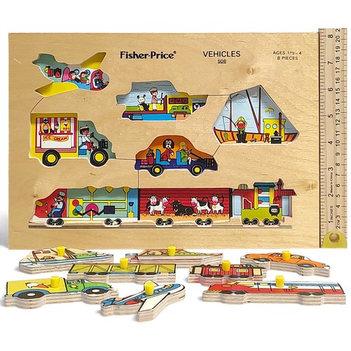 VTG Fisher Price Wooden Puzzle 508 Vehicles 8" x 11.5" Made in Holland